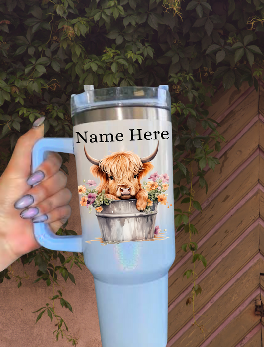 Personalised Highland Cow in Pot 40oz Tumbler - Shimmer Blue
