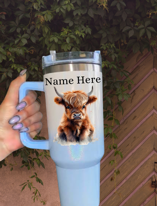 Personalised Baby Highland Cow 40oz Tumbler - Shimmer Blue