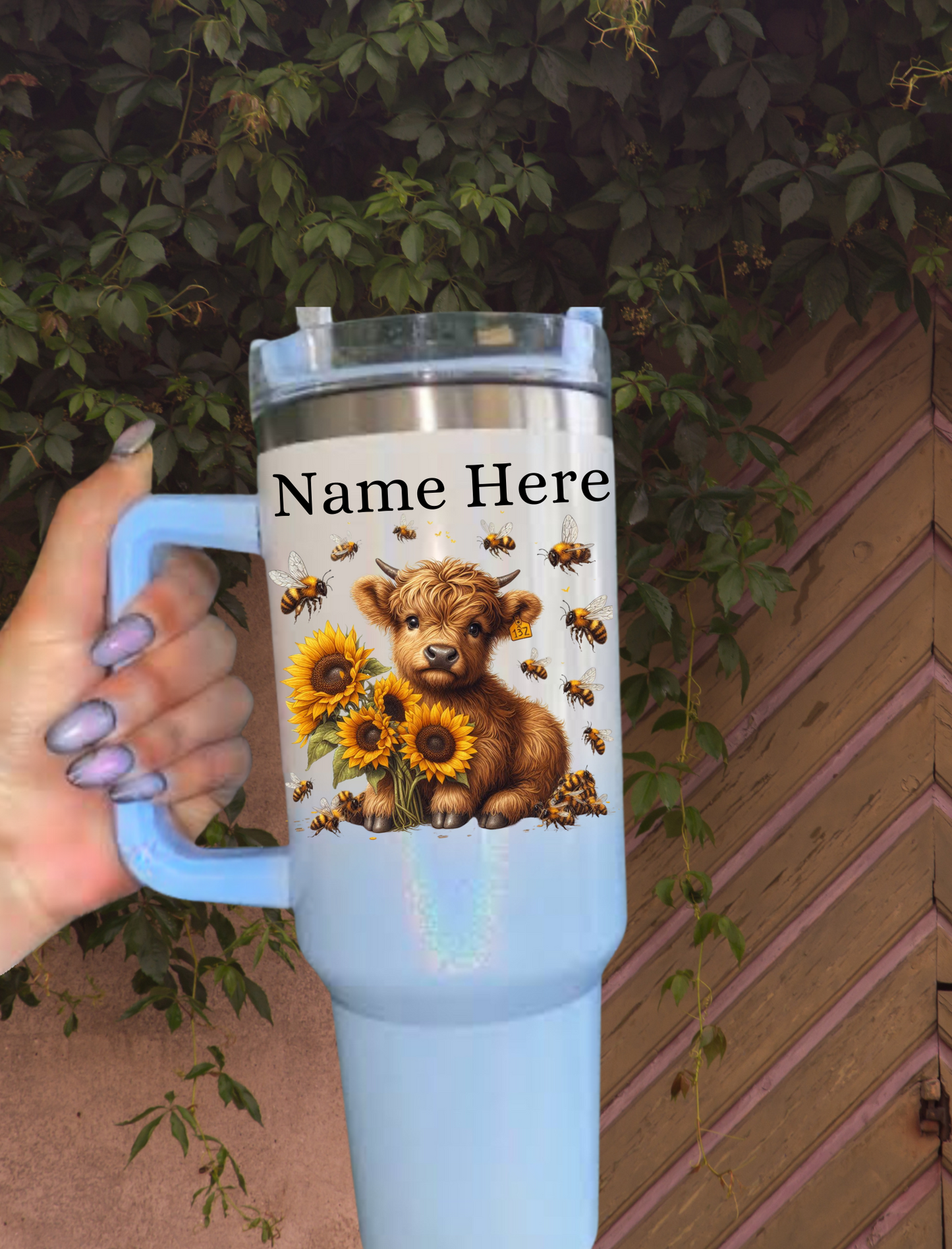 Personalised Sunflower Highland Cow 40oz Tumbler - Shimmer Blue