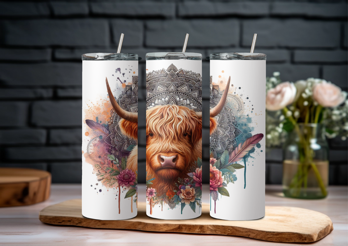 Mandala Highland Cow 3 Tumbler