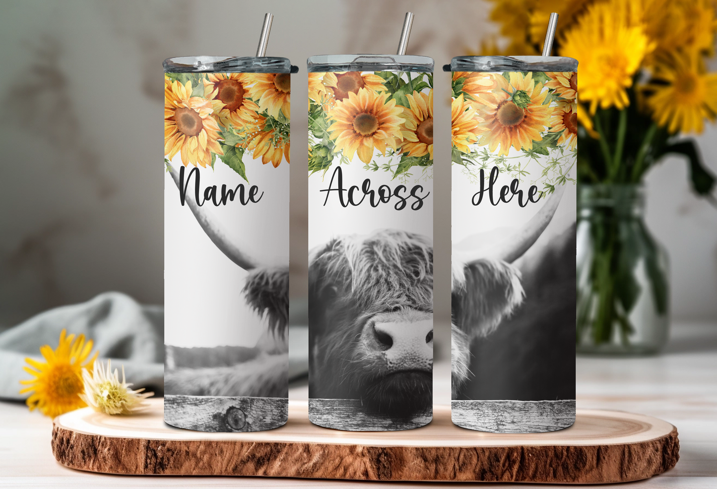 Personalised Sunflower Highland Cow Tumbler