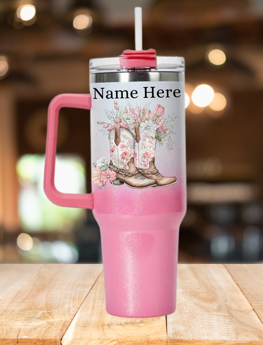 Personalised Country Boots 2 40oz Tumbler - Shimmer Pink
