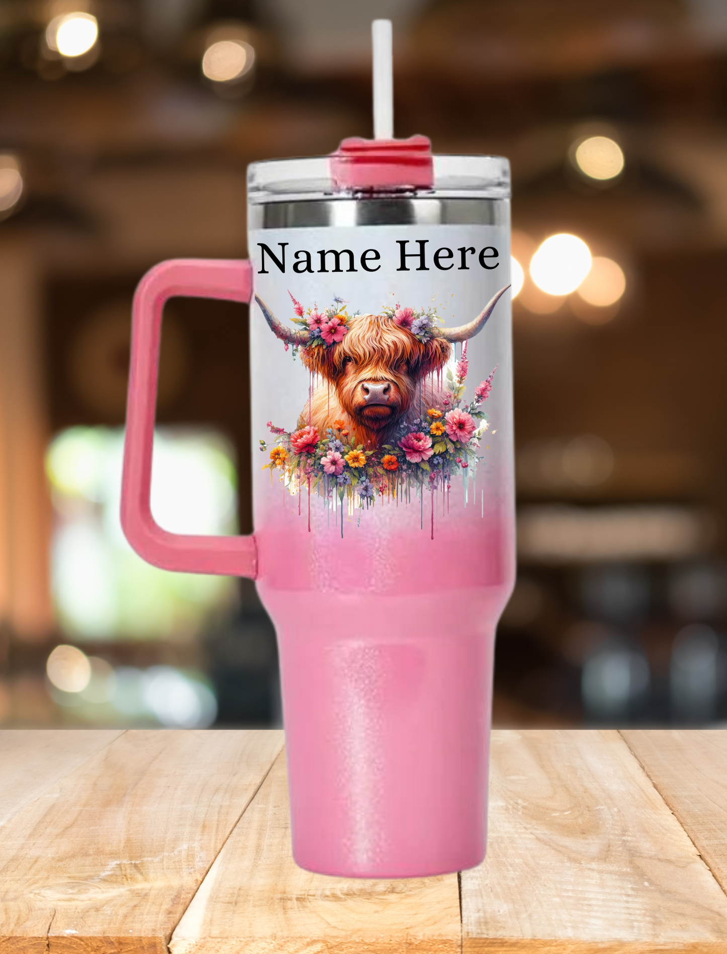 Personalised Highland Cow 2 40oz Tumbler - Shimmer Pink