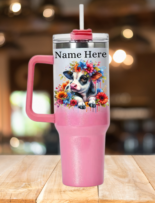 Personalised Cow 2 40oz Tumbler - Shimmer Pink