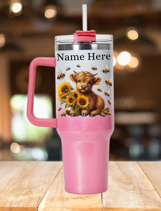 Personalised Highland Cow 1 40oz Tumbler - Shimmer Pink