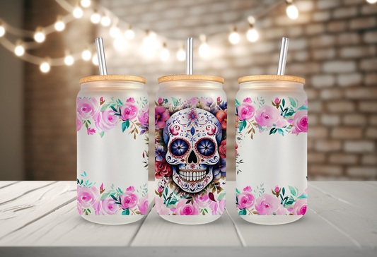 16oz Flower Skull Frosted Glass Tumbler