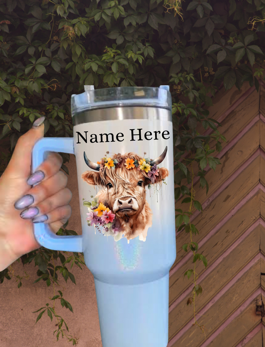 Personalised Highland Cow 40oz Tumbler - Shimmer Blue