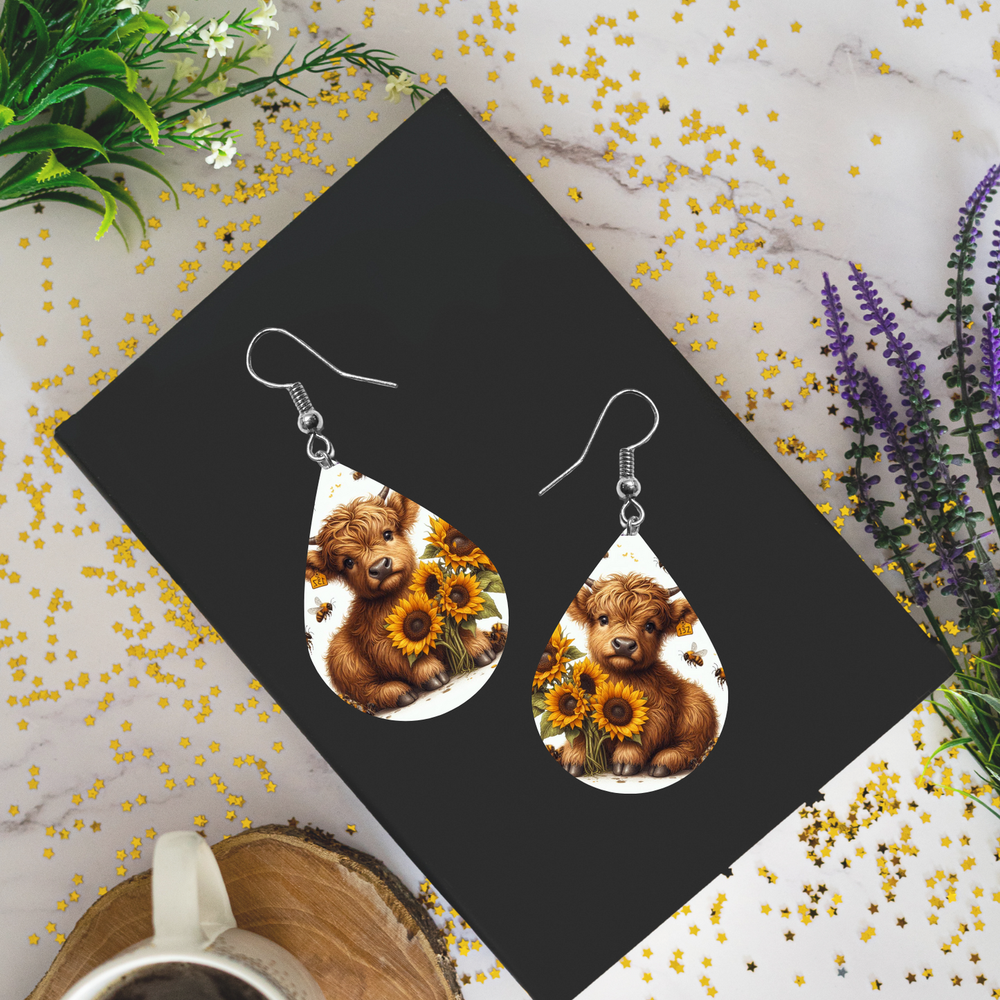 Sunflower Highland Cow Earrings