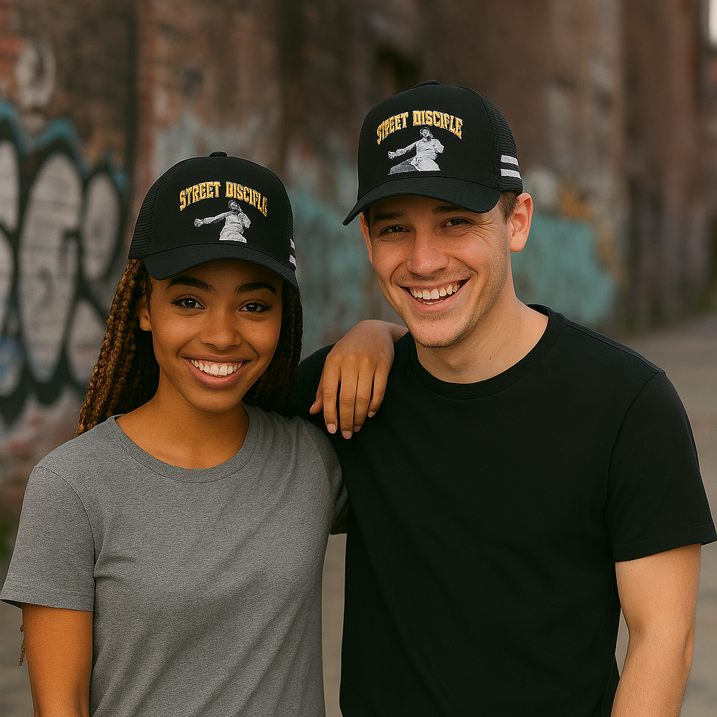 Two people wearing black caps with visible branding, standing outdoors against a graffiti-covered wall.